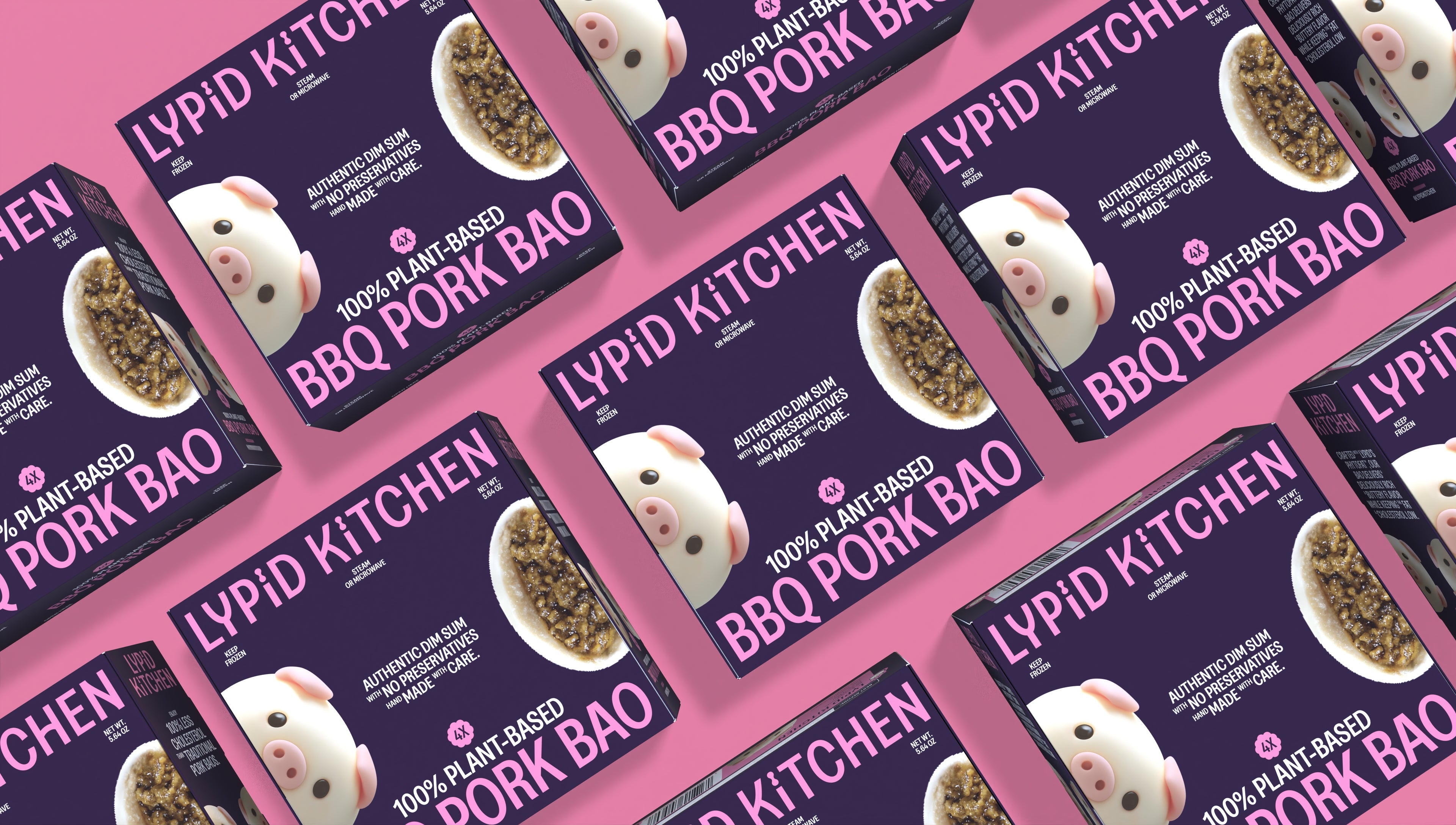 Multiple packages of Lypid Kitchen BBQ Pork Bao on a pink background