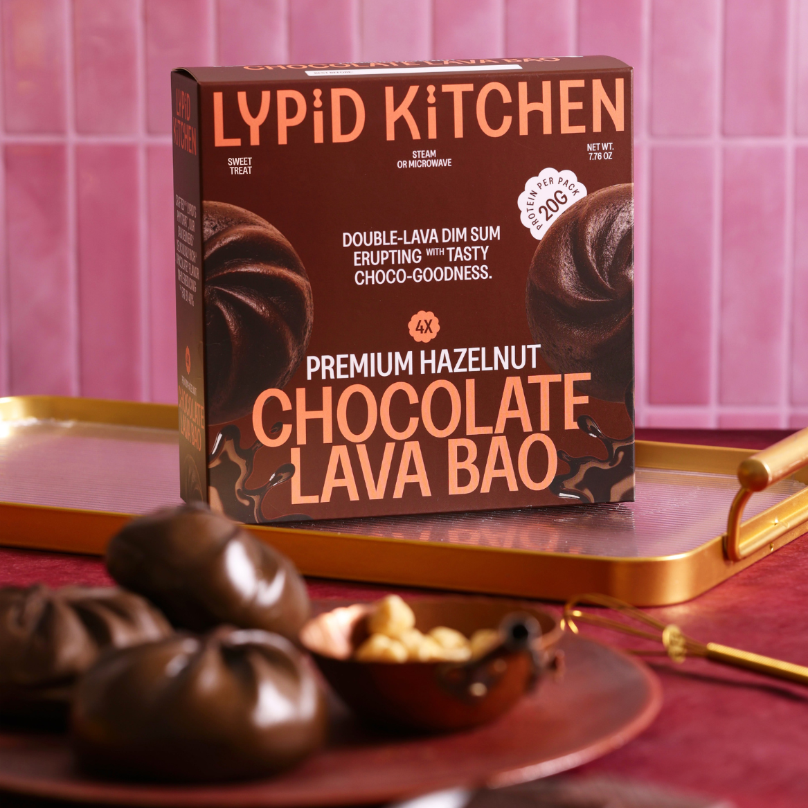 Chocolate lavabao packaging with Lypid Kitchen branding on a pink tiled background